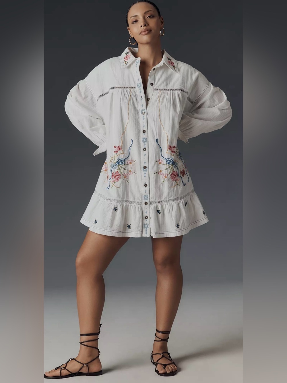 Anthropologie pilcro long sleeve v neck embroidered swing shirt dress